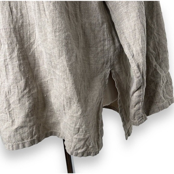 FLAX Linen Lagenlook Linen Tunic Top Size Medium Tan Cream Gray Button Up Blouse - Picture 6 of 7